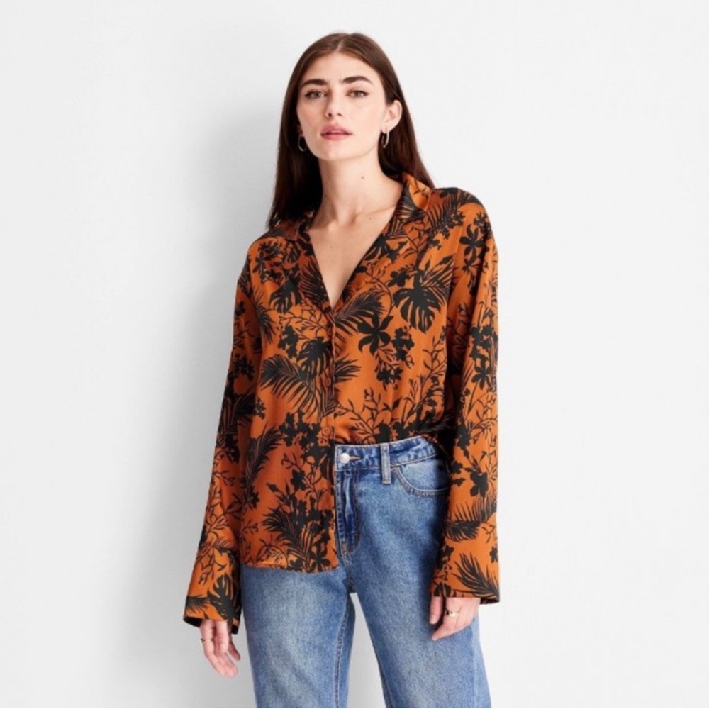 NWOT Satin Blouse Future Collective with Kahlana Barfield Brown Size S